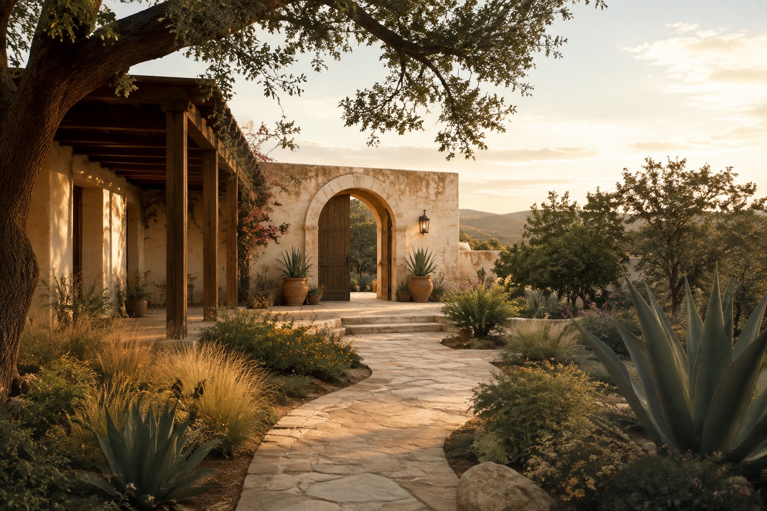 A quiet hacienda courtyard framed by stone arches and desert plants
