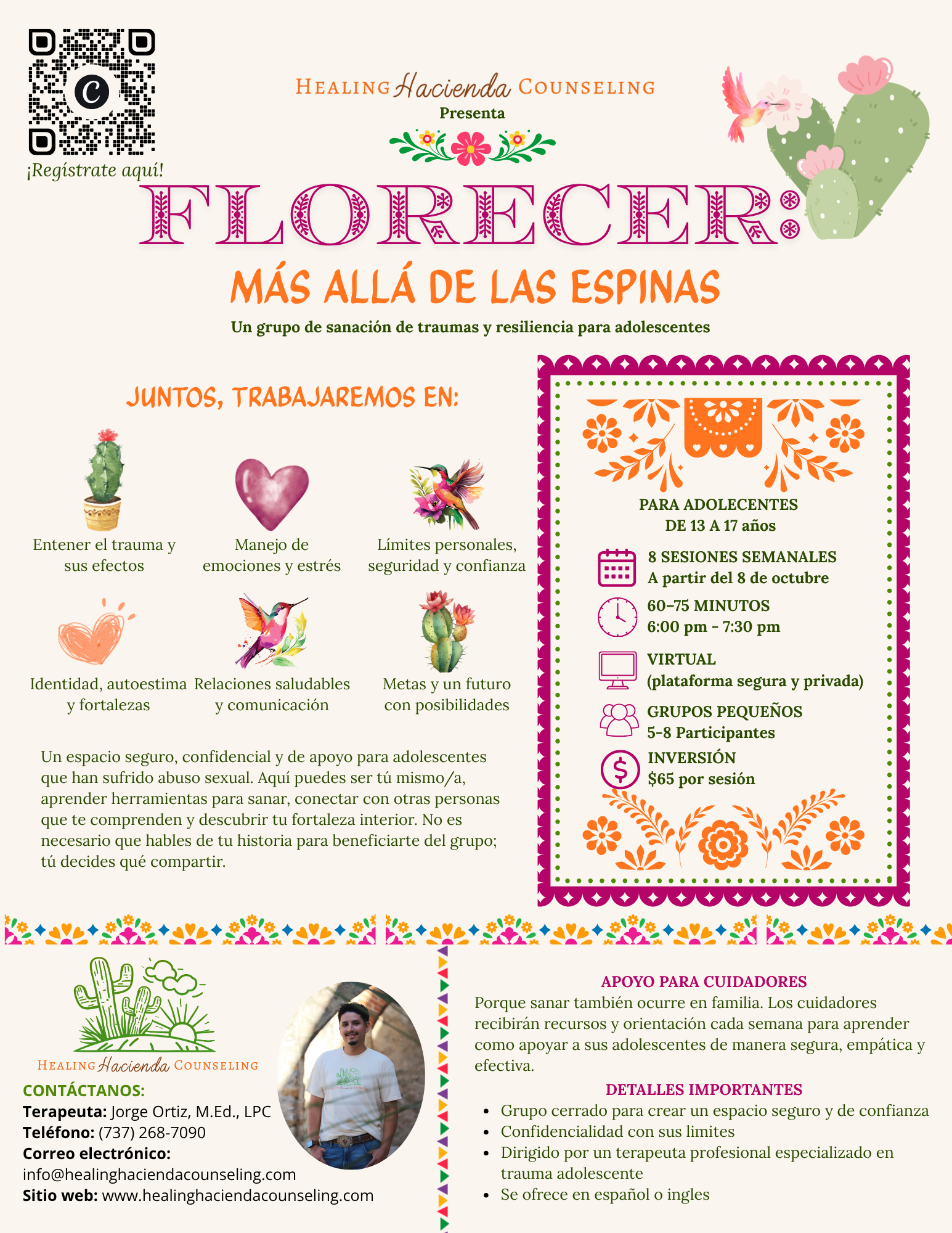 Folleto en español con código QR de inscripción y detalles del grupo de sanación Florecer para adolescentes